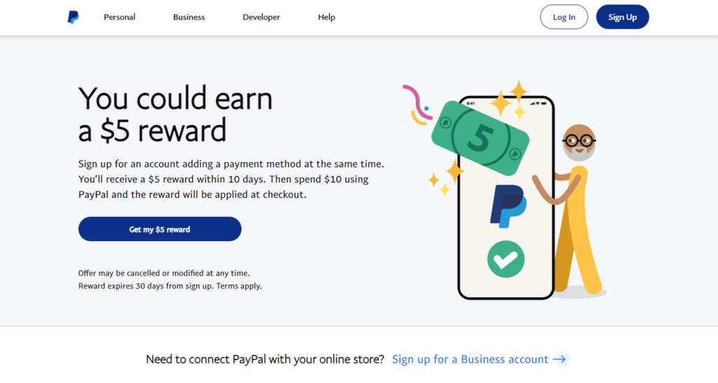 PayPal website homepage image