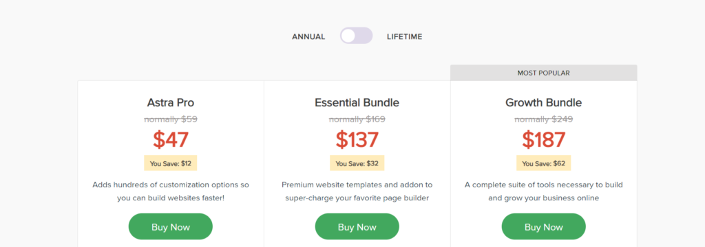Pricing package includes Astra pro essential bundle and growth bundle of WordPress Development Theme Astra
