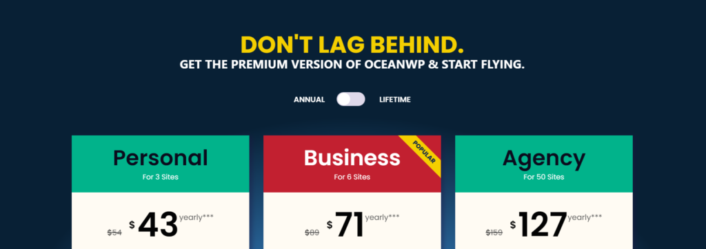 Pricing package includes personal use business use and agency for WordPress Elementor Theme OceanWP