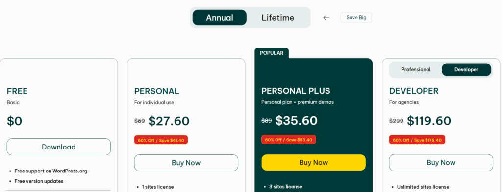 Pricing package for personal use and as developer of WordPress Elementor Theme Zakra