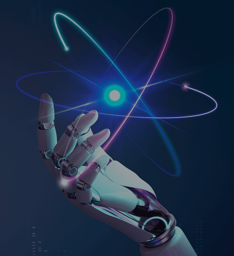 Robot hand grasping atom symbol
