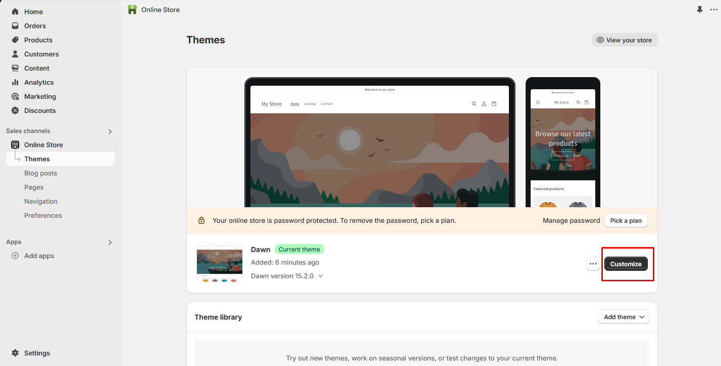 shopify admin theme dashboard